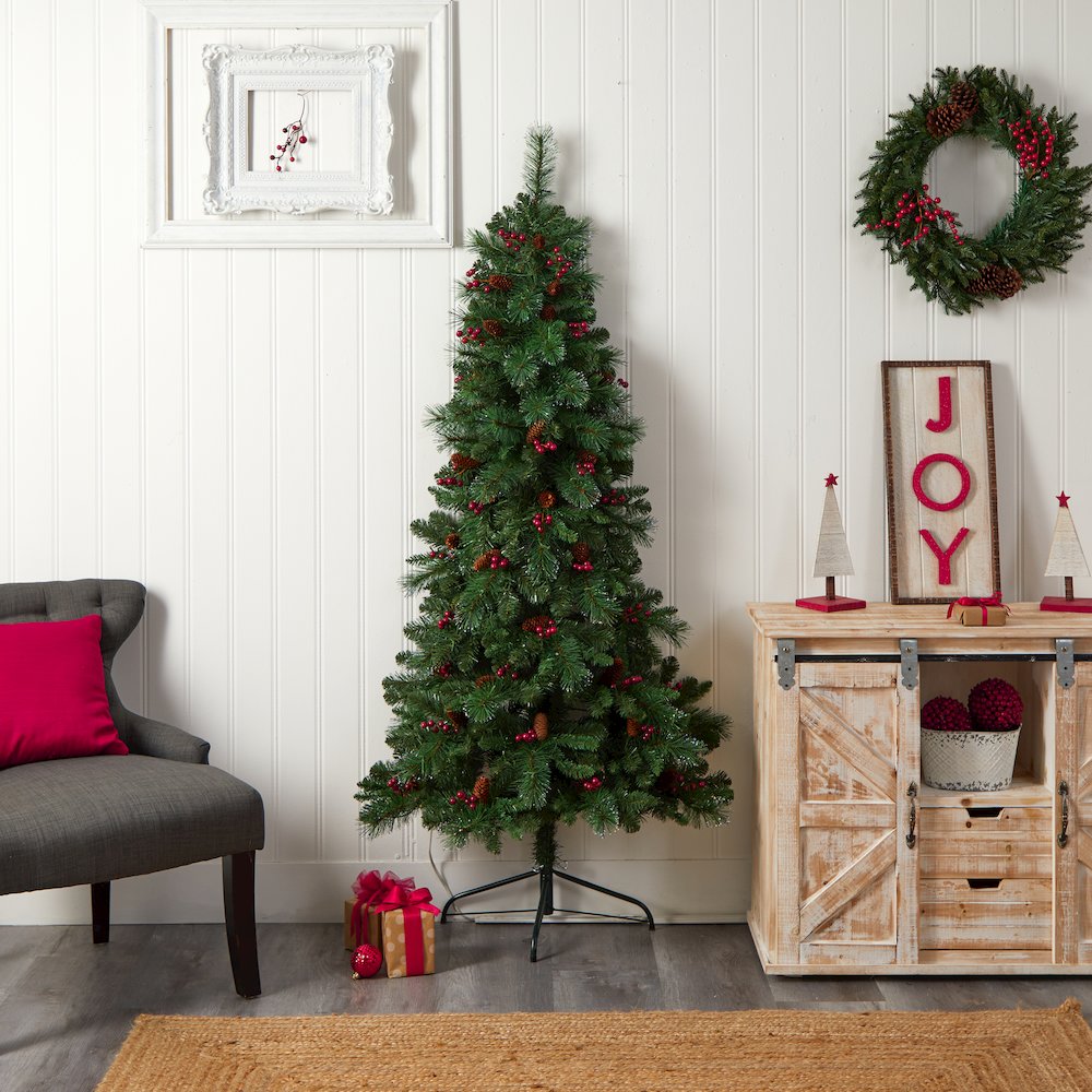 6ft. Flat Back Montreal Mountain Pine Christmas Tree with Pinecones and 150 LEDs. Picture 12