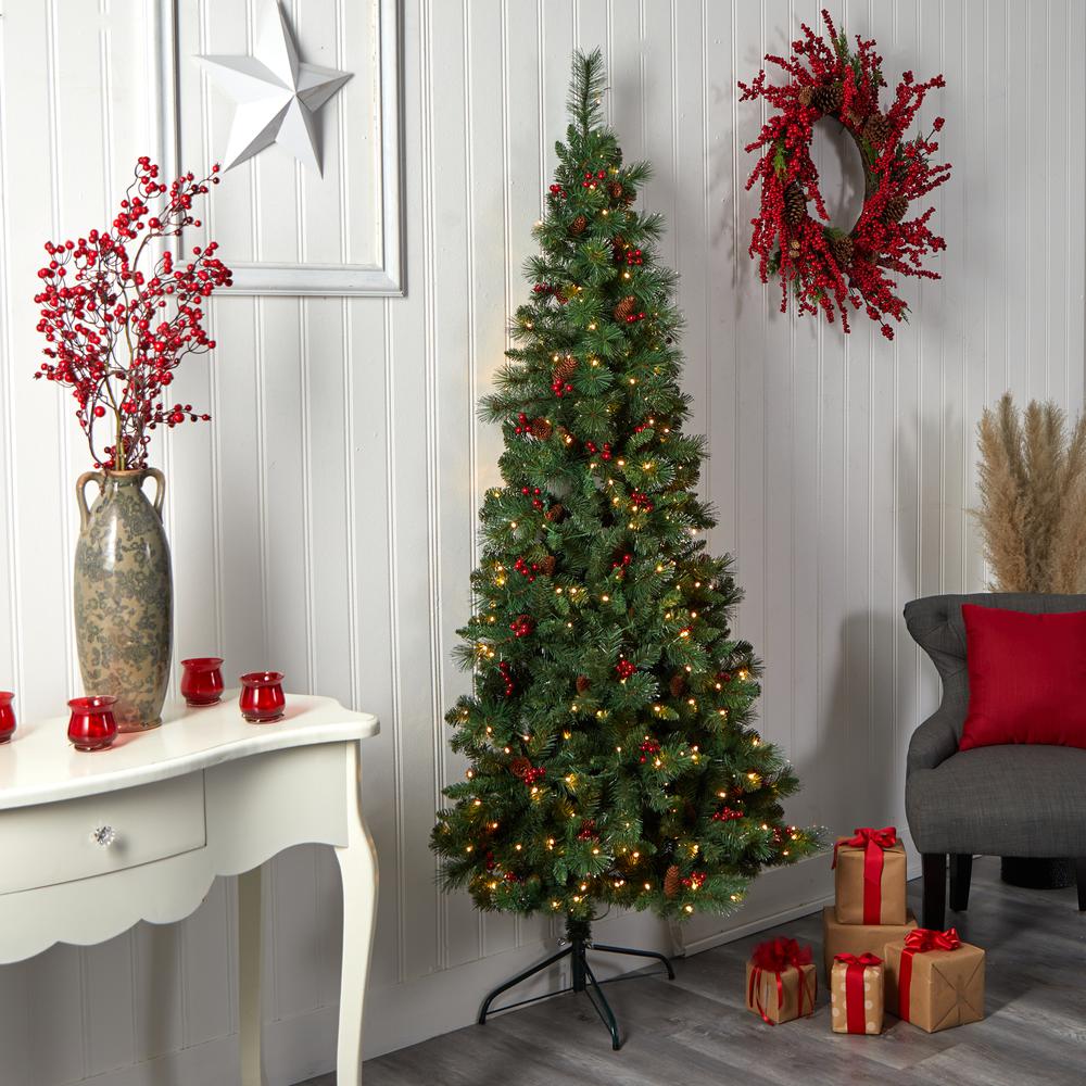 Flat Back Montreal Mountain Pine Artificial Christmas Tree with Pinecones. Picture 3