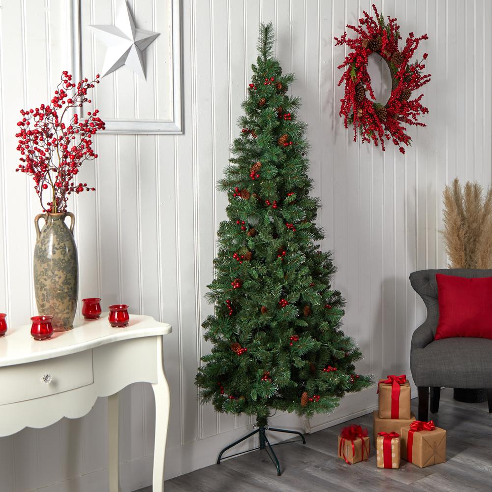 Flat Back Montreal Mountain Pine Artificial Christmas Tree with Pinecones. Picture 4