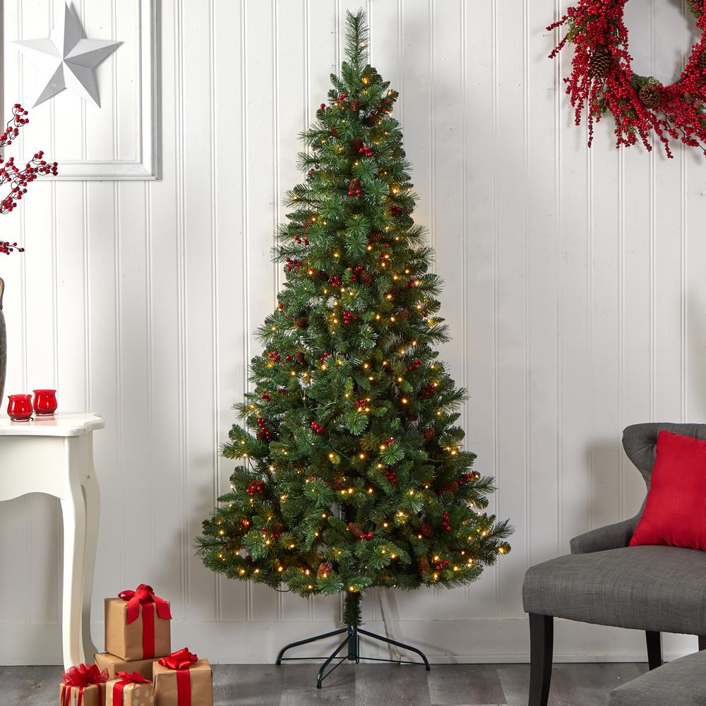 Flat Back Montreal Mountain Pine Artificial Christmas Tree with Pinecones. Picture 9