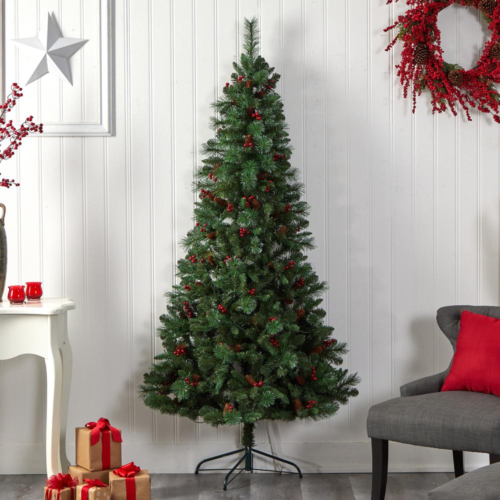 Flat Back Montreal Mountain Pine Artificial Christmas Tree with Pinecones. Picture 10