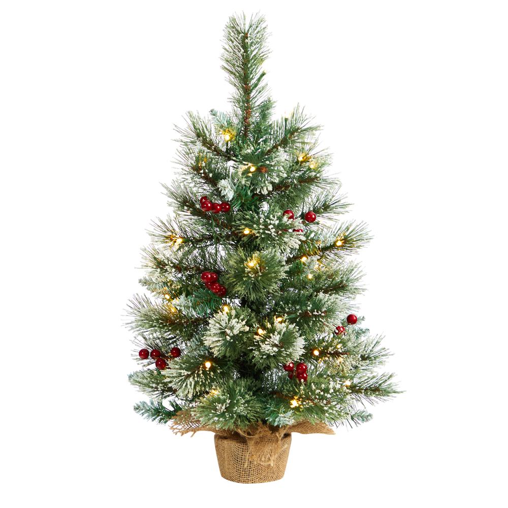 2ft. Snow Tipped Pine and Berry Artificial Christmas Tree with 35 Warm White LED Lights in Burlap Base. Picture 4