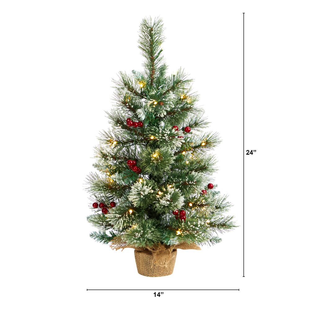 2ft. Snow Tipped Pine and Berry Artificial Christmas Tree with 35 Warm White LED Lights in Burlap Base. Picture 1