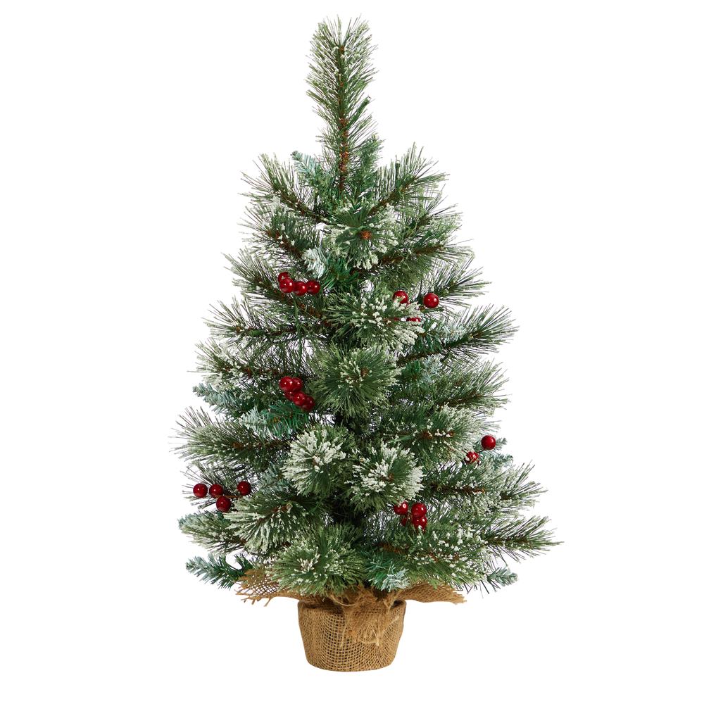 2ft. Snow Tipped Pine and Berry Artificial Christmas Tree with 35 Warm White LED Lights in Burlap Base. Picture 2