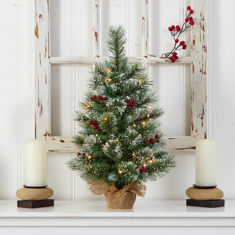 2ft. Snow Tipped Pine and Berry Artificial Christmas Tree with 35 Warm White LED Lights in Burlap Base. Picture 3