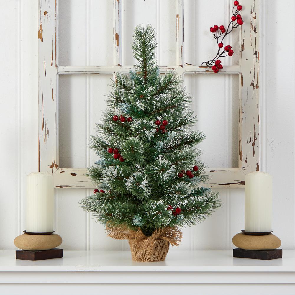2ft. Snow Tipped Pine and Berry Artificial Christmas Tree with 35 Warm White LED Lights in Burlap Base. Picture 5