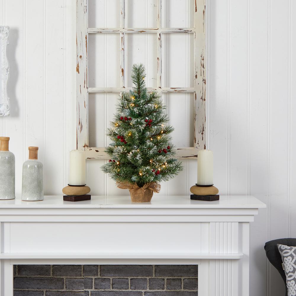 2ft. Snow Tipped Pine and Berry Artificial Christmas Tree with 35 Warm White LED Lights in Burlap Base. Picture 6