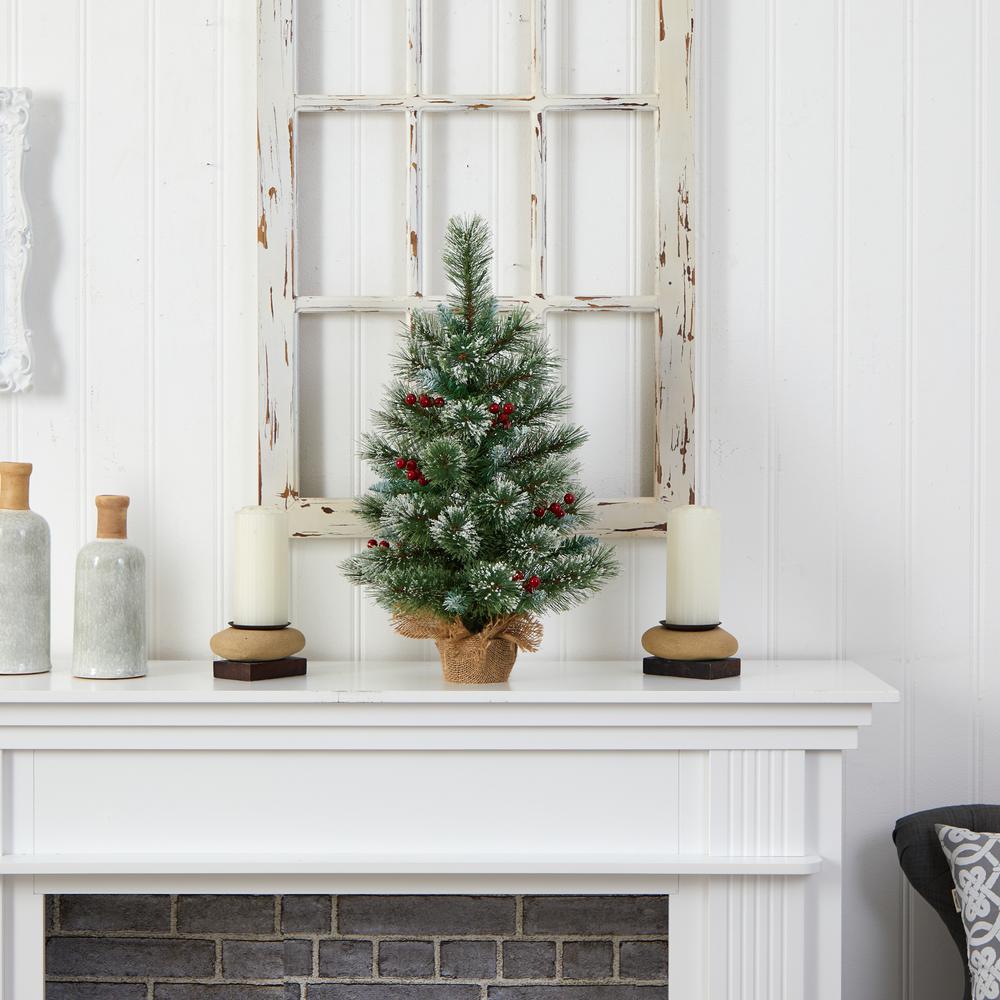 2ft. Snow Tipped Pine and Berry Artificial Christmas Tree with 35 Warm White LED Lights in Burlap Base. Picture 7
