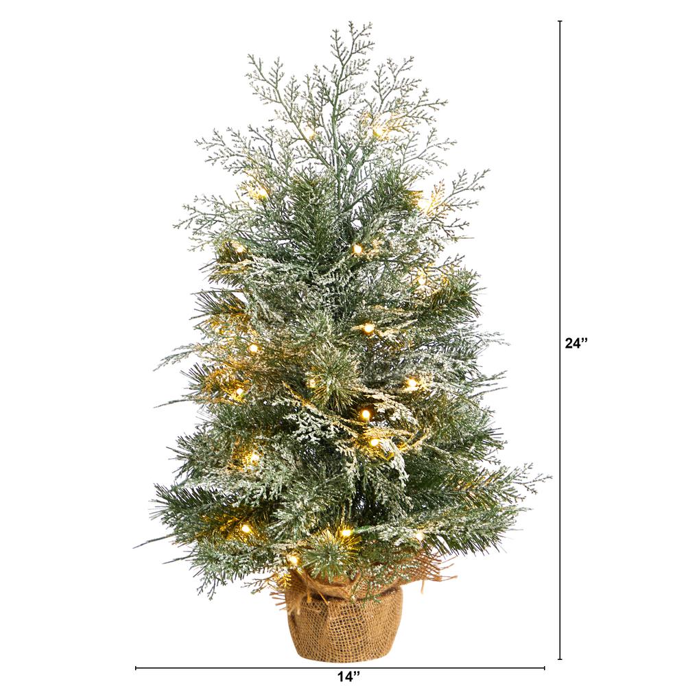 2ft. Winter Frosted Artificial Christmas Tree with 35 LED Lights in Burlap Base. Picture 1