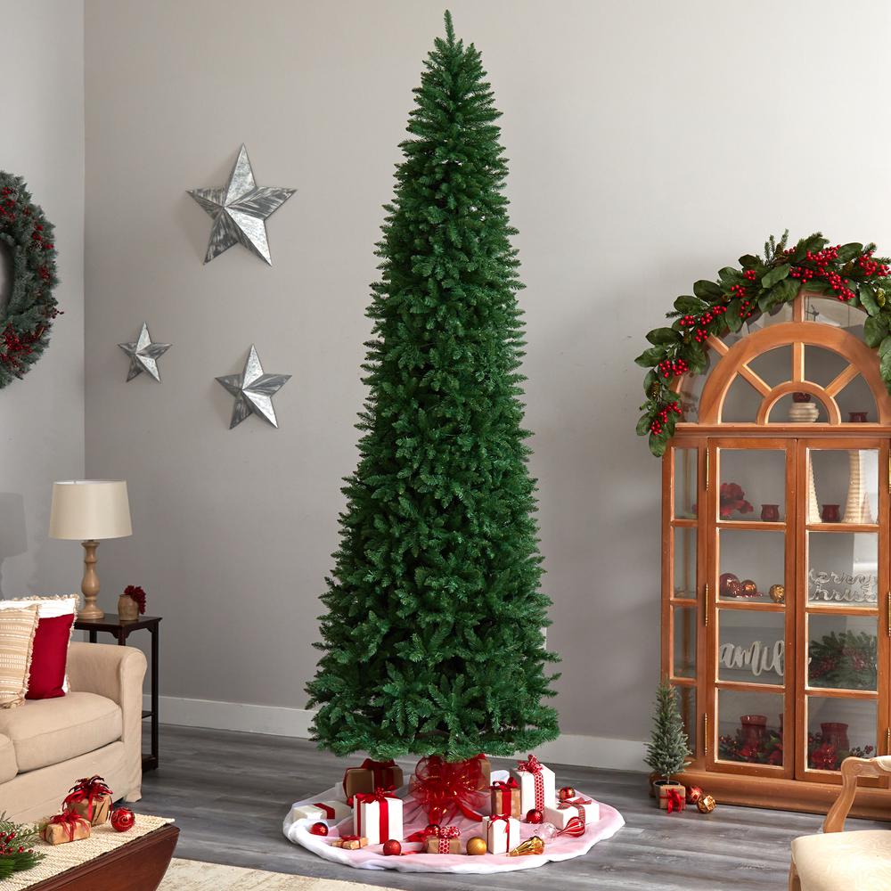 Slim Green Mountain Pine Artificial Christmas Tree with 950 Clear LED Lights. Picture 8
