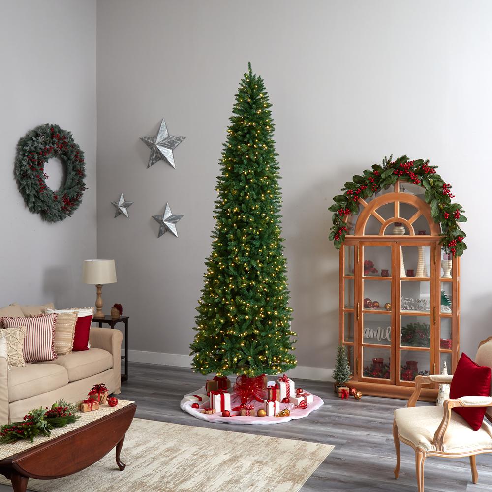 Slim Green Mountain Pine Artificial Christmas Tree with 950 Clear LED Lights. Picture 9