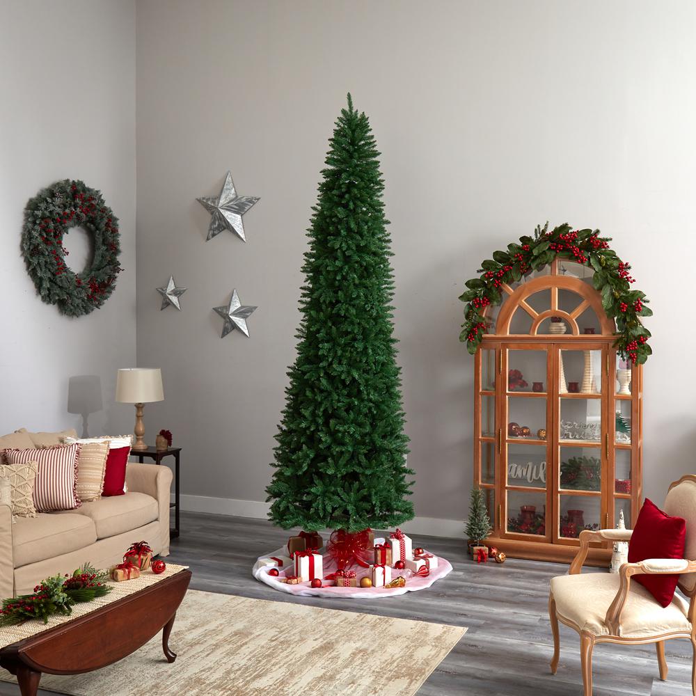 Slim Green Mountain Pine Artificial Christmas Tree with 950 Clear LED Lights. Picture 10