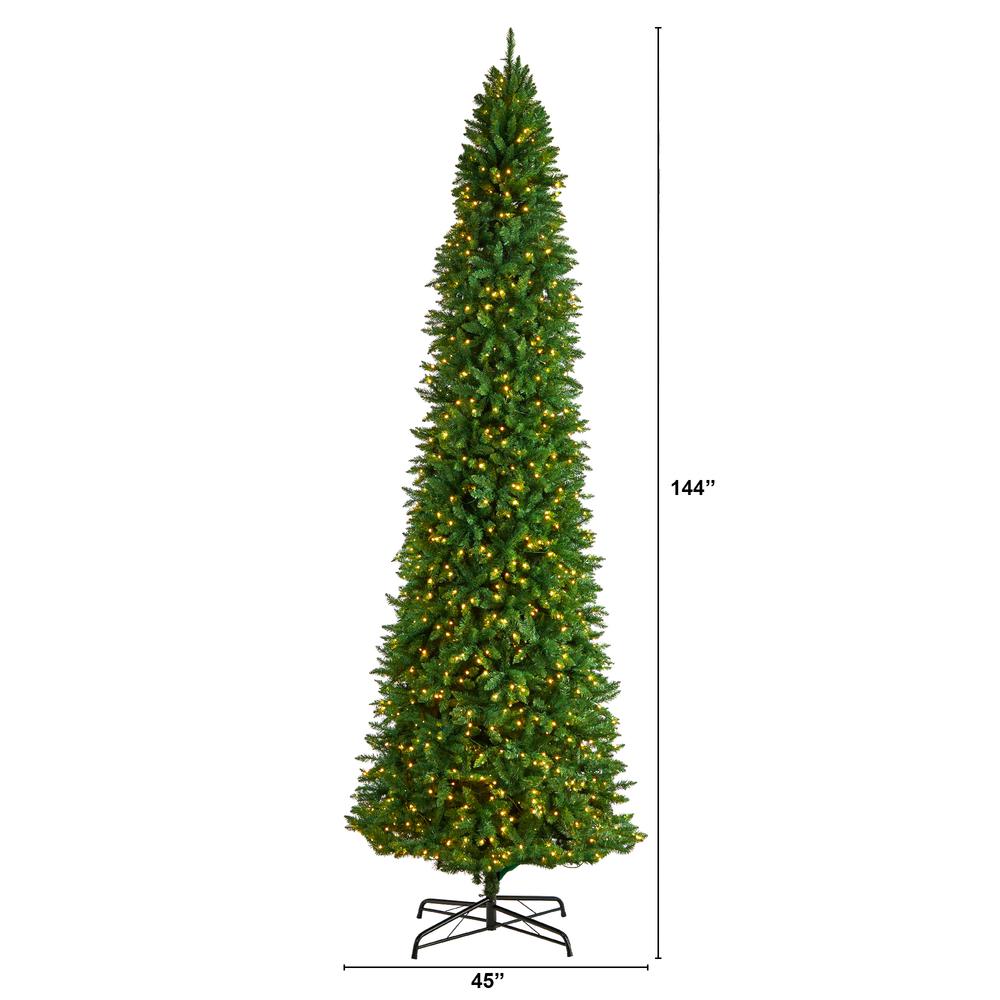 12ft. Slim Green Mountain Pine Artificial Christmas Tree with 1100 Clear LED Lights and 3235 Tips. Picture 1