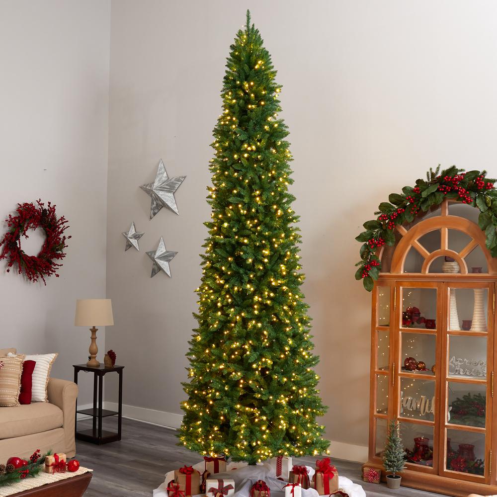 12ft. Slim Green Mountain Pine Artificial Christmas Tree with 1100 Clear LED Lights and 3235 Tips. Picture 9