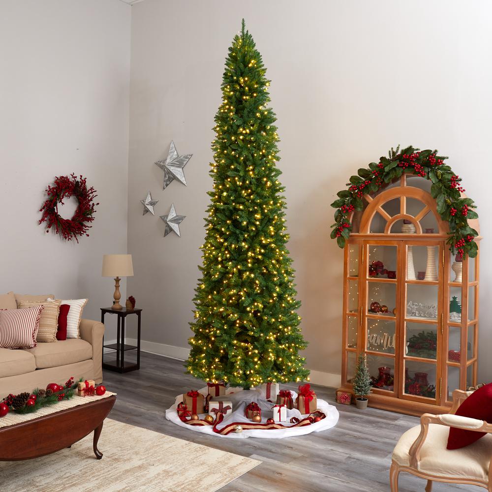 12ft. Slim Green Mountain Pine Artificial Christmas Tree with 1100 Clear LED Lights and 3235 Tips. Picture 7