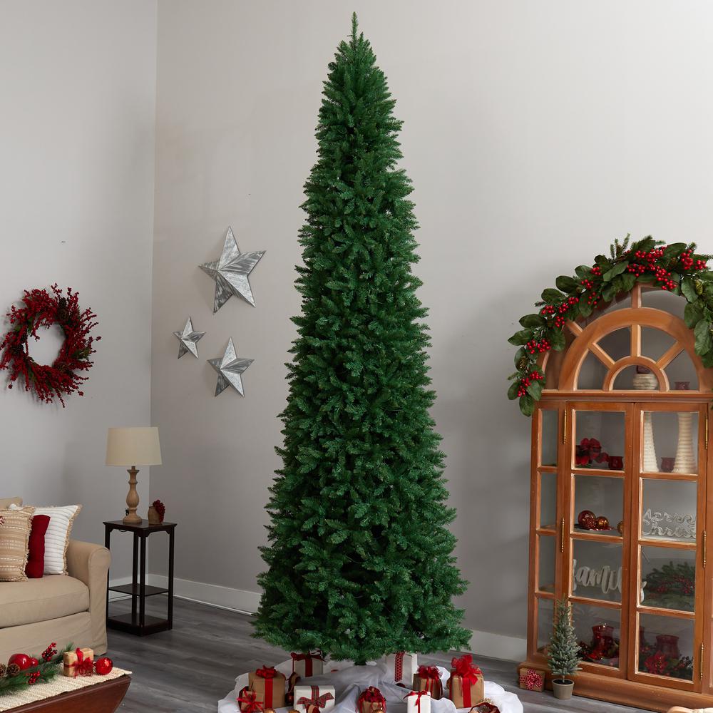 12ft. Slim Green Mountain Pine Artificial Christmas Tree with 1100 Clear LED Lights and 3235 Tips. Picture 8