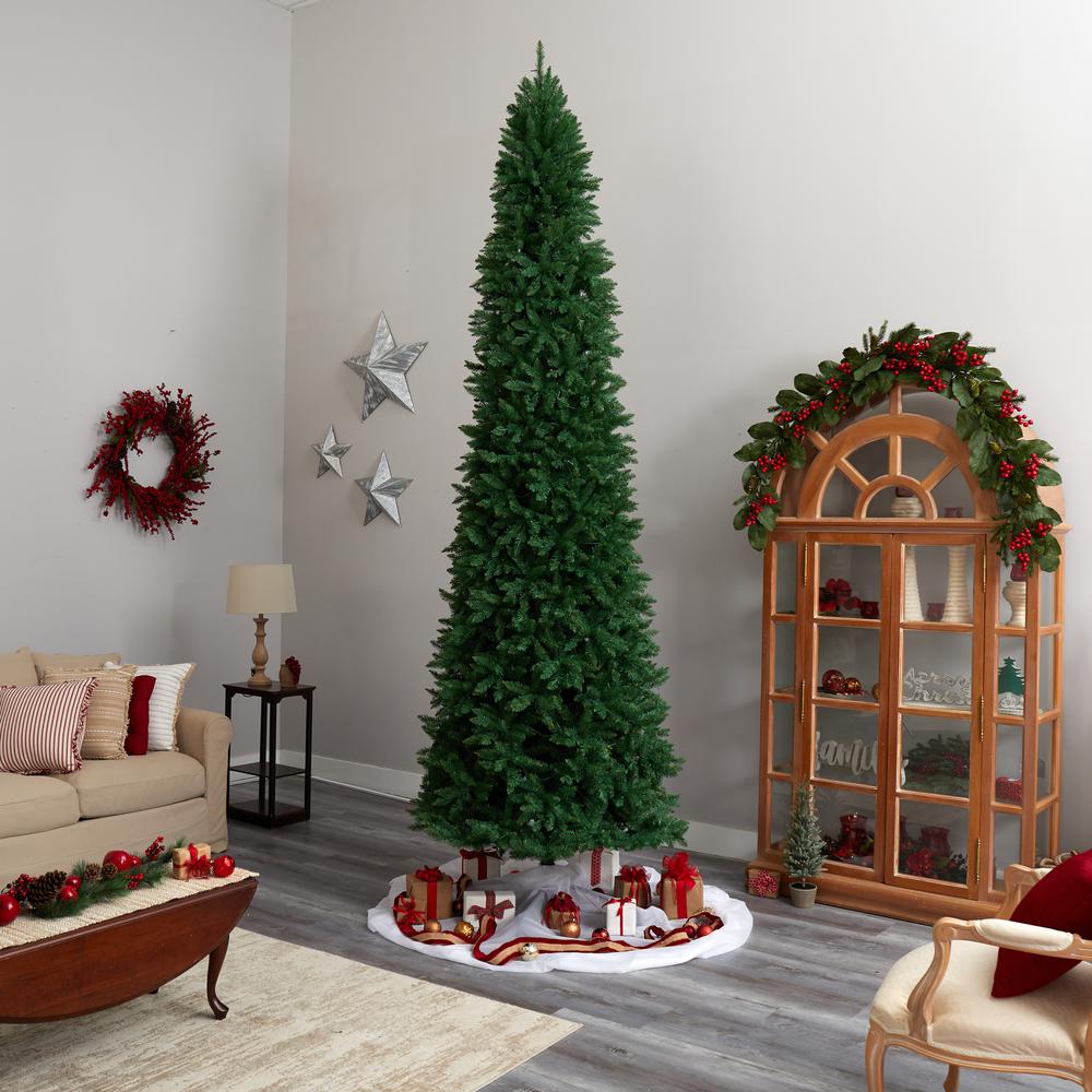12ft. Slim Green Mountain Pine Artificial Christmas Tree with 1100 Clear LED Lights and 3235 Tips. Picture 10
