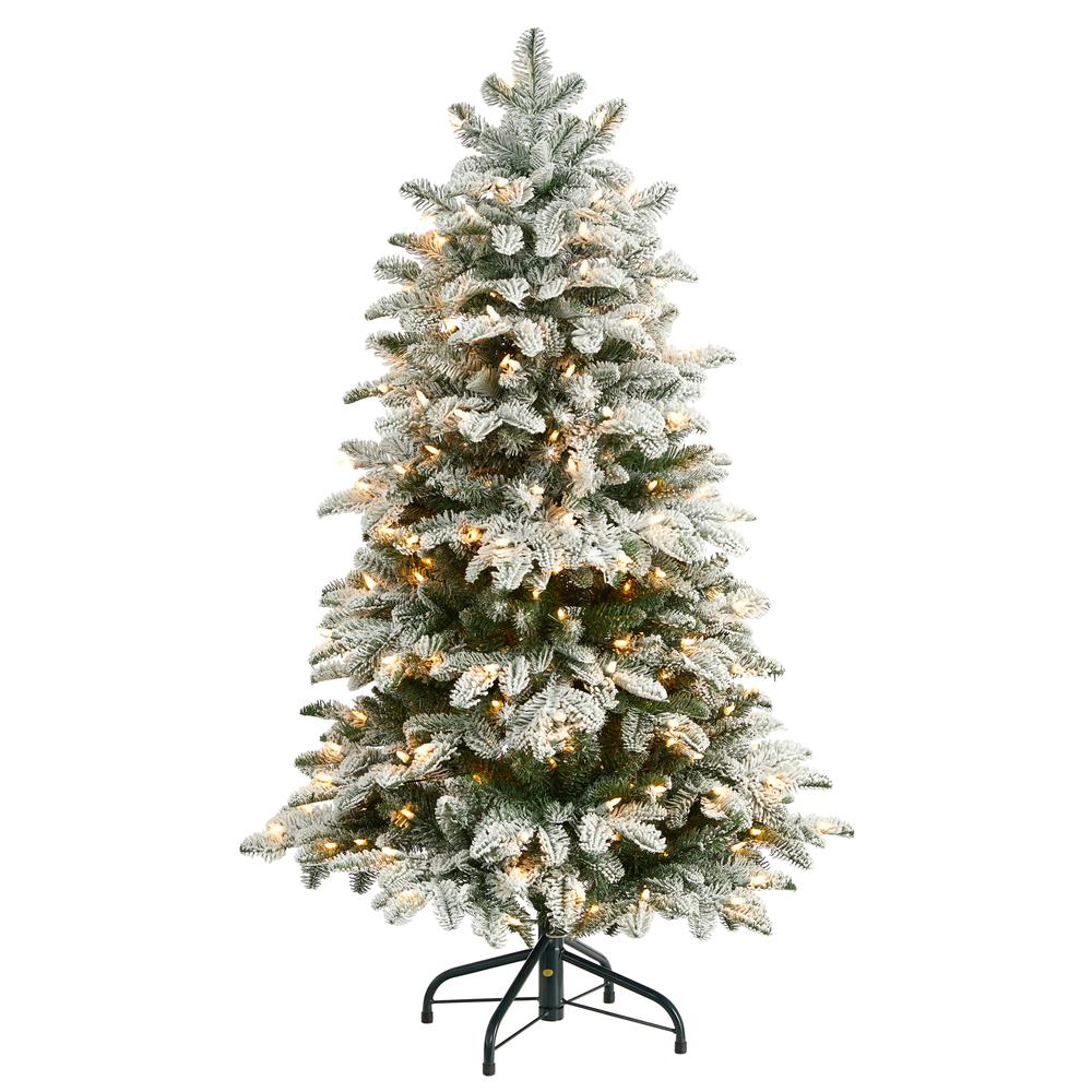 4ft. Flocked North Carolina Fir Artificial Christmas Tree with 250 Warm White Lights and 779 Bendable Branches. Picture 1