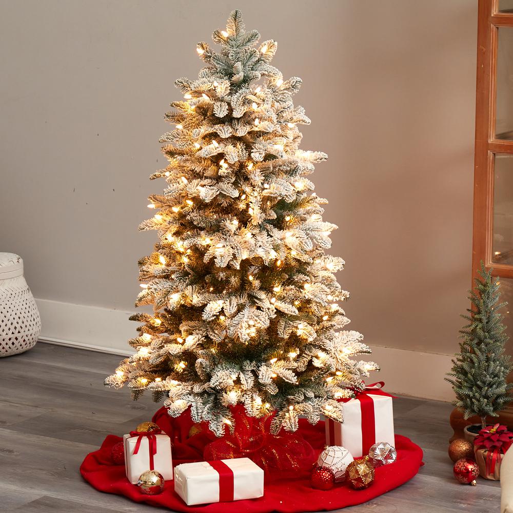 4ft. Flocked North Carolina Fir Artificial Christmas Tree with 250 Warm White Lights and 779 Bendable Branches. Picture 10
