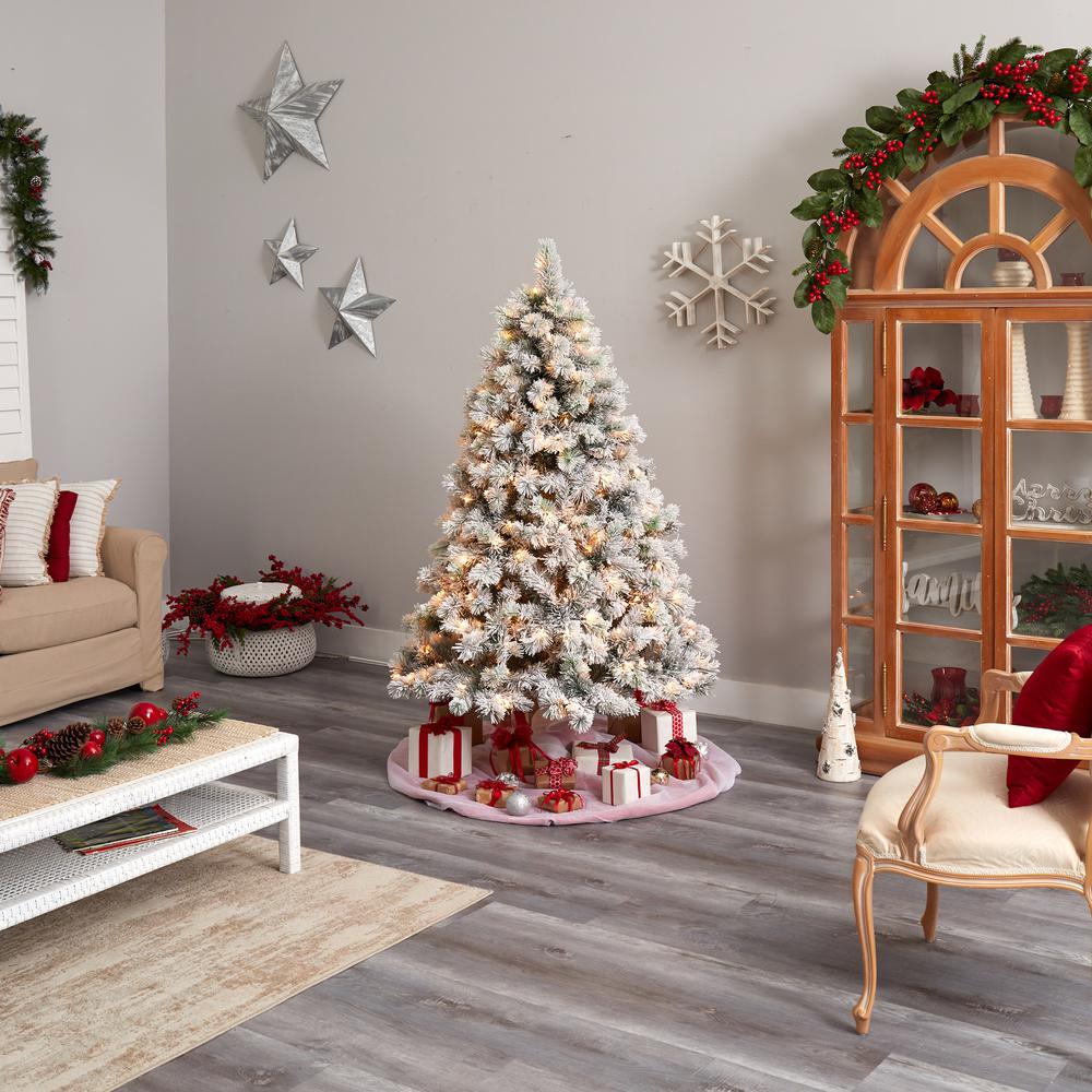 Flocked Oregon Pine Artificial Christmas Tree with 300 Clear Lights. Picture 9