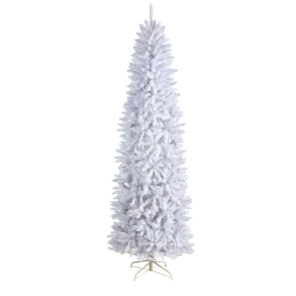 8ft. Slim White Artificial Christmas Tree with 400 Warm White LED Lights and 1348 Bendable Branches. Picture 1