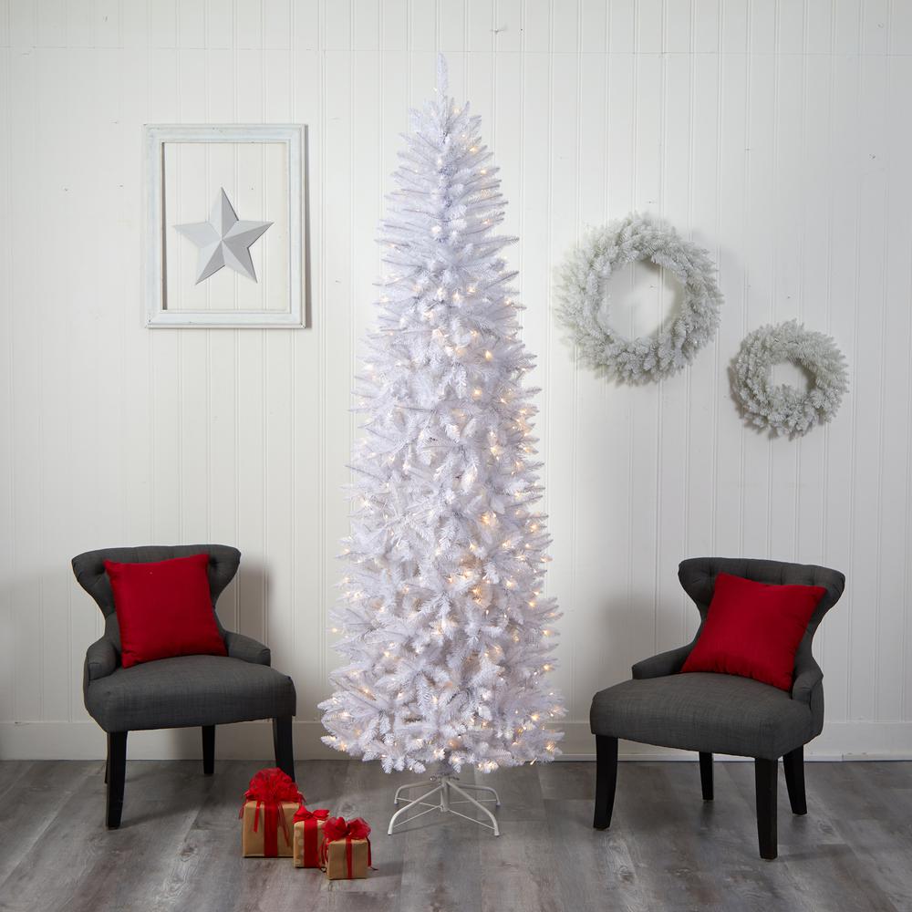 8ft. Slim White Artificial Christmas Tree with 400 Warm White LED Lights and 1348 Bendable Branches. Picture 9