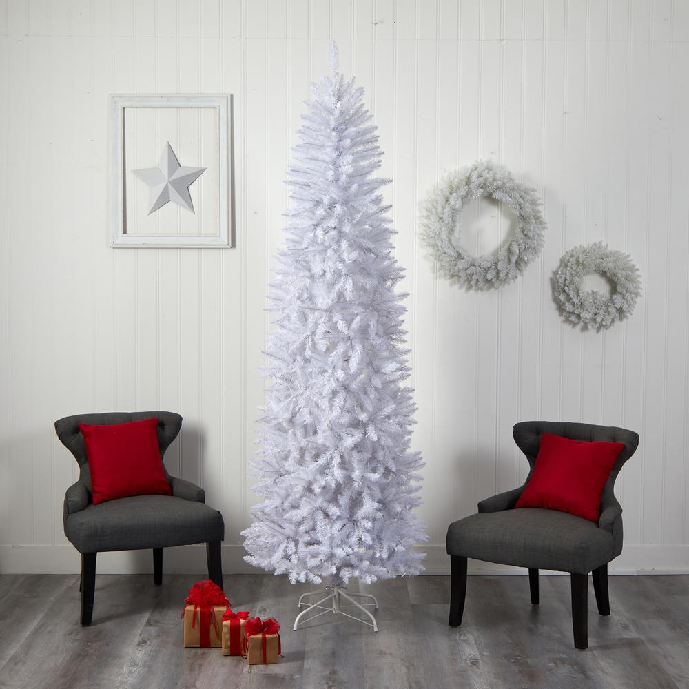 8ft. Slim White Artificial Christmas Tree with 400 Warm White LED Lights and 1348 Bendable Branches. Picture 6