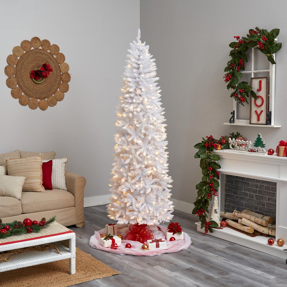 8ft. Slim White Artificial Christmas Tree with 400 Warm White LED Lights and 1348 Bendable Branches. Picture 7