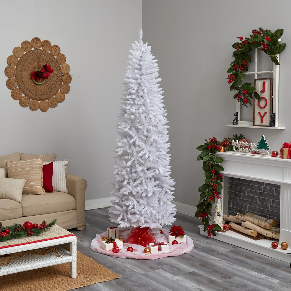 8ft. Slim White Artificial Christmas Tree with 400 Warm White LED Lights and 1348 Bendable Branches. Picture 8