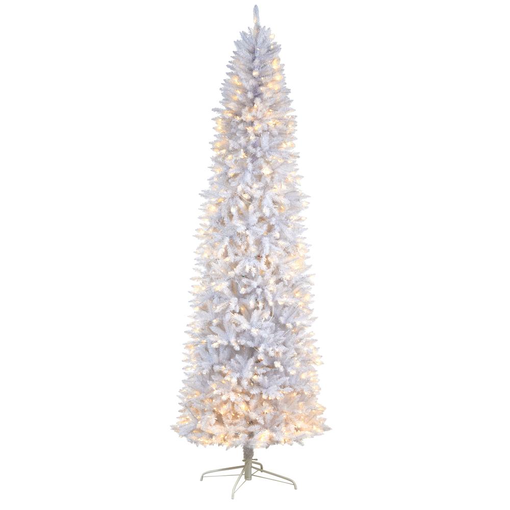 9ft. Slim White Artificial Christmas Tree with 600 Warm White LED Lights and 1860 Bendable Branches. Picture 1