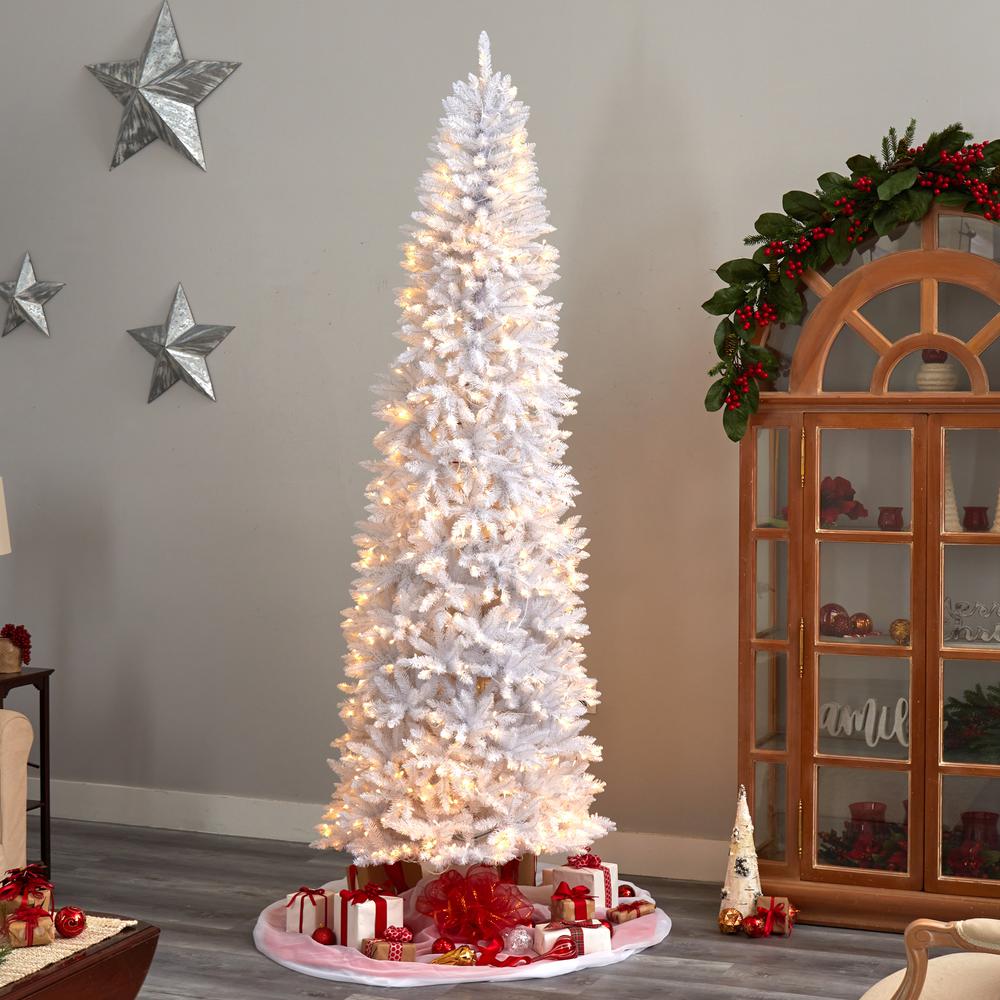 9ft. Slim White Artificial Christmas Tree with 600 Warm White LED Lights and 1860 Bendable Branches. Picture 8