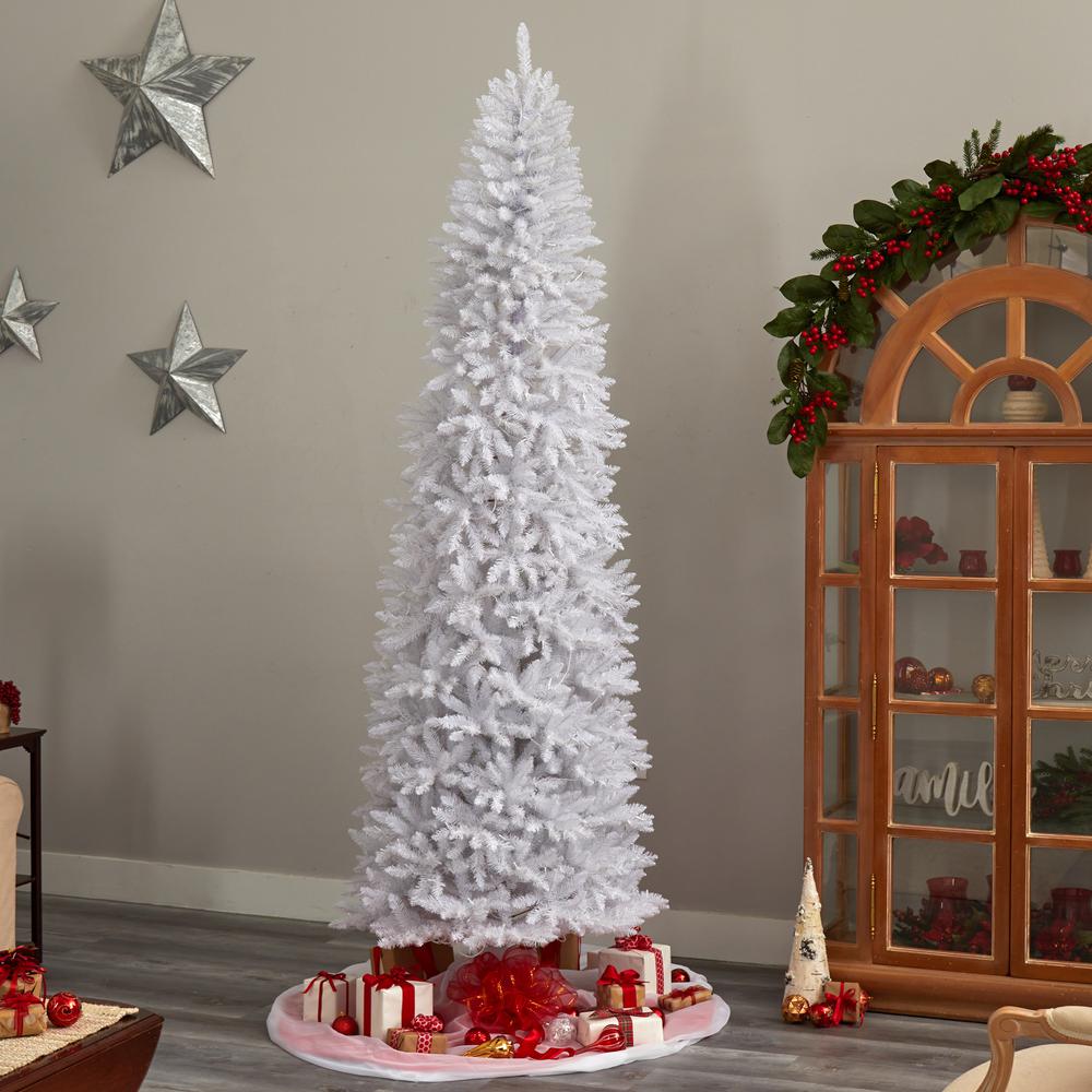 9ft. Slim White Artificial Christmas Tree with 600 Warm White LED Lights and 1860 Bendable Branches. Picture 7
