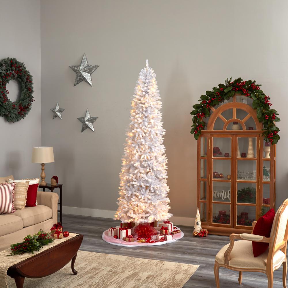 9ft. Slim White Artificial Christmas Tree with 600 Warm White LED Lights and 1860 Bendable Branches. Picture 9