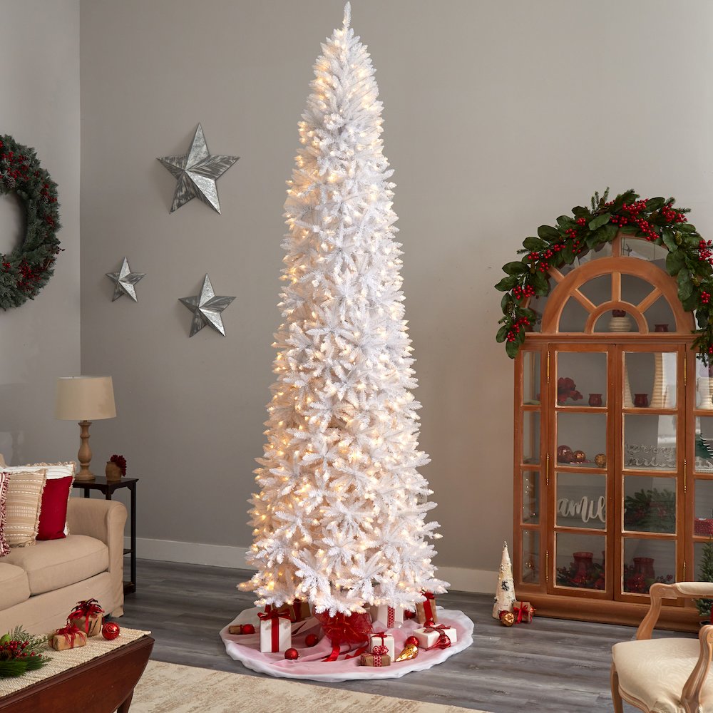 11ft. Slim White Artificial Christmas Tree with 950 Warm White LED Lights. Picture 7