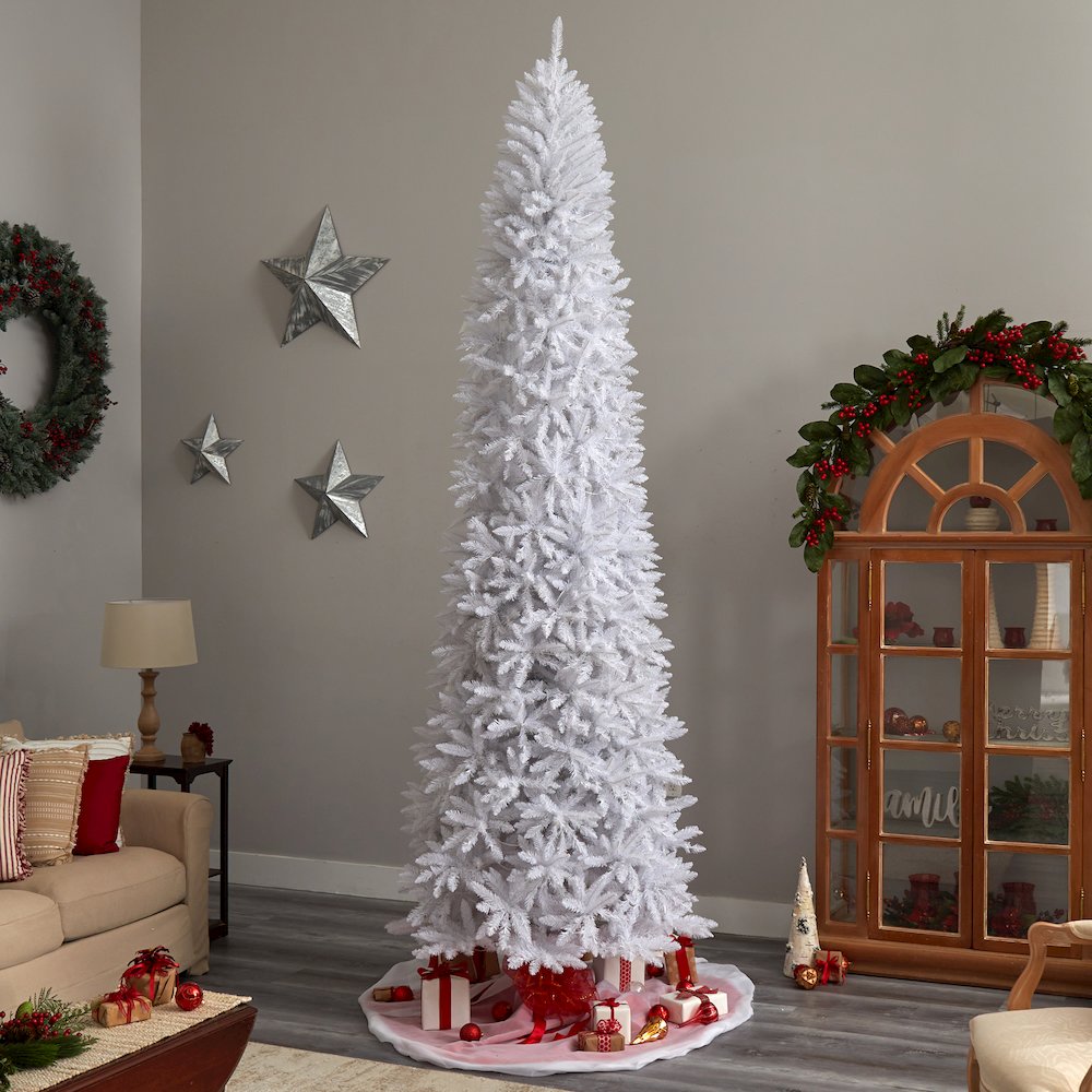 11ft. Slim White Artificial Christmas Tree with 950 Warm White LED Lights. Picture 8