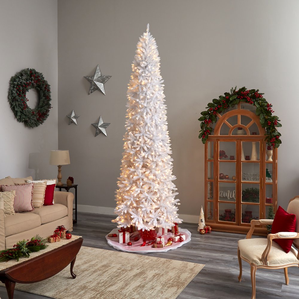11ft. Slim White Artificial Christmas Tree with 950 Warm White LED Lights. Picture 9