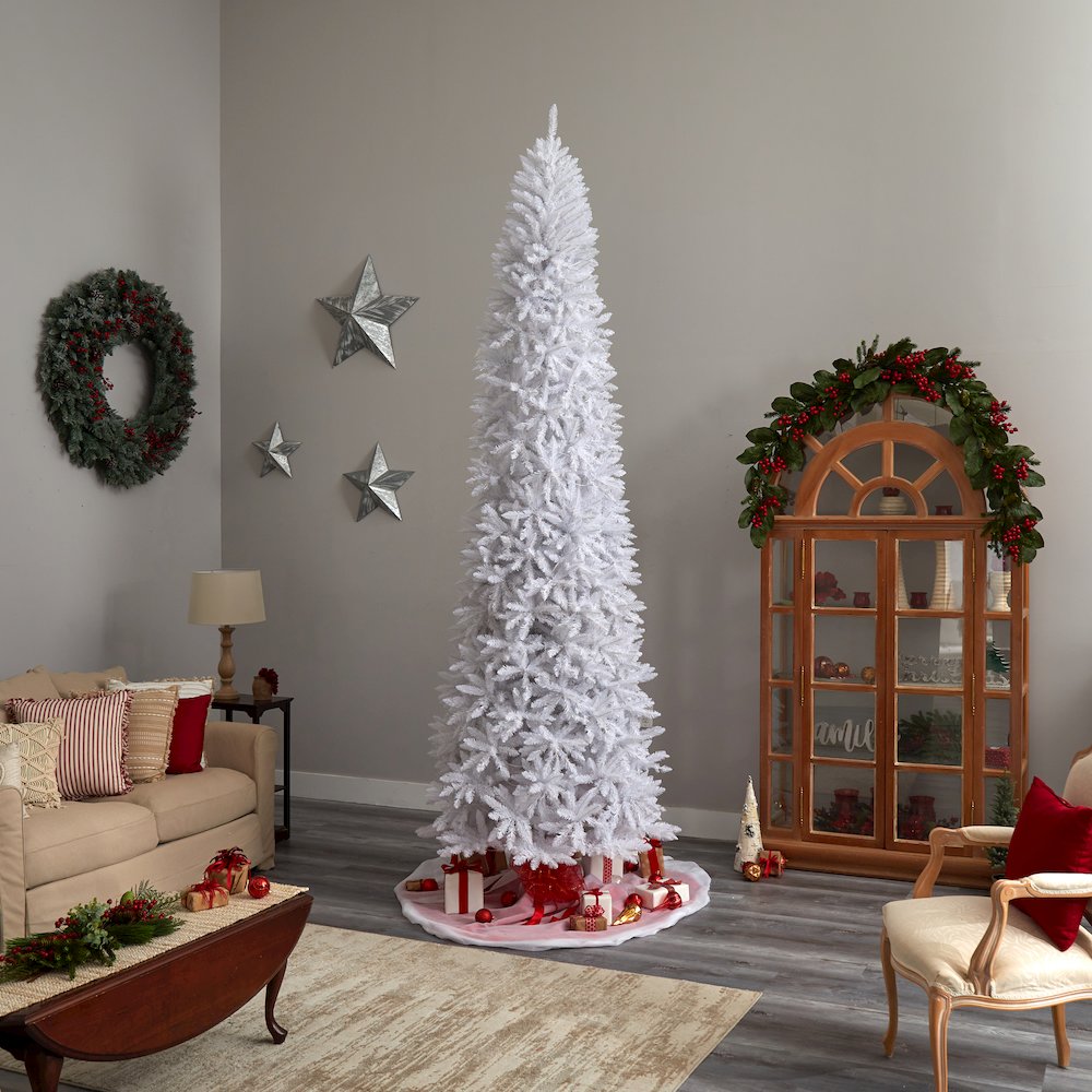 11ft. Slim White Artificial Christmas Tree with 950 Warm White LED Lights. Picture 10