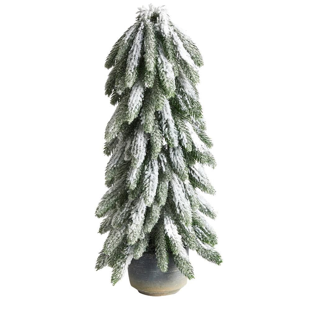 21in. Flocked Artificial Christmas Tree in Decorative Planter. Picture 1