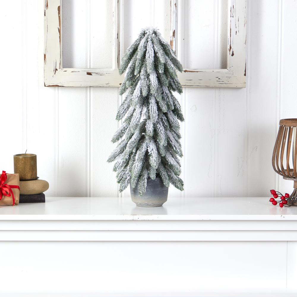 21in. Flocked Artificial Christmas Tree in Decorative Planter. Picture 3
