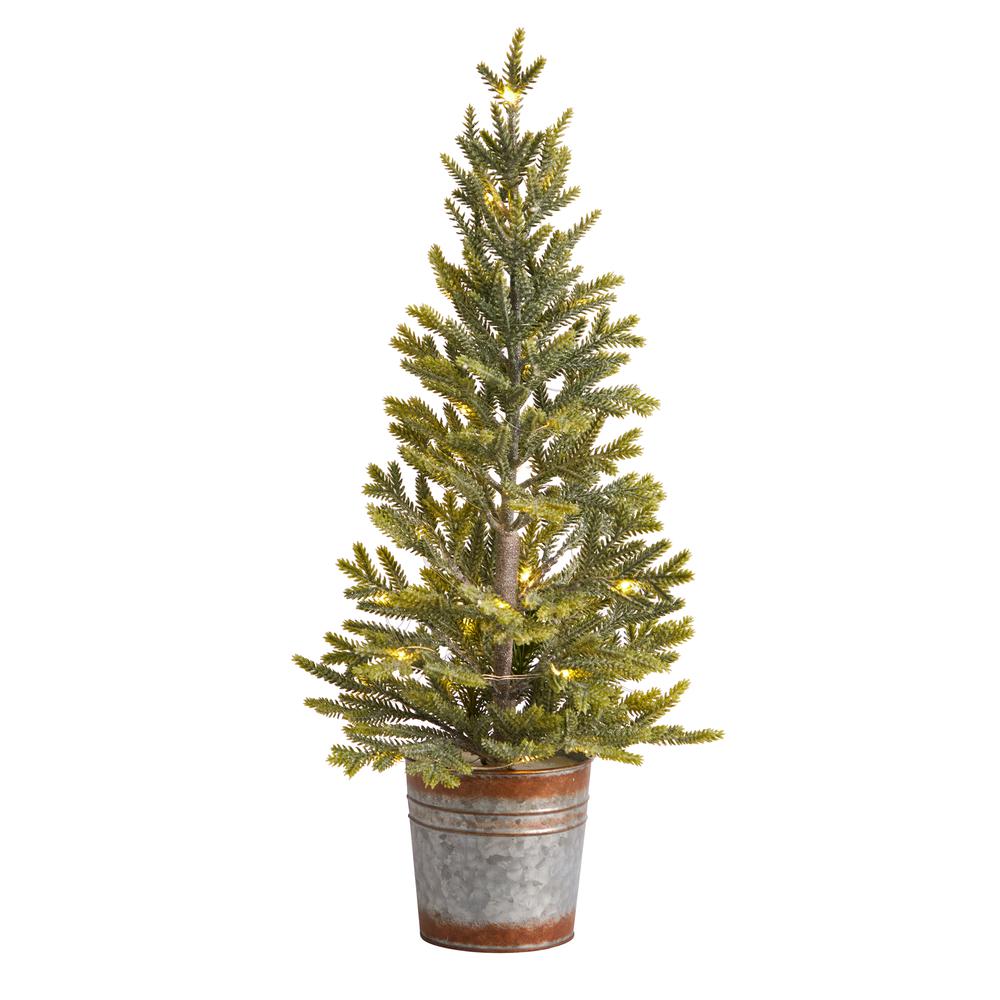26in. Pine Natural Look Artificial Christmas Tree with 35 Warm White Lights in Rustic Metal Planter. Picture 3