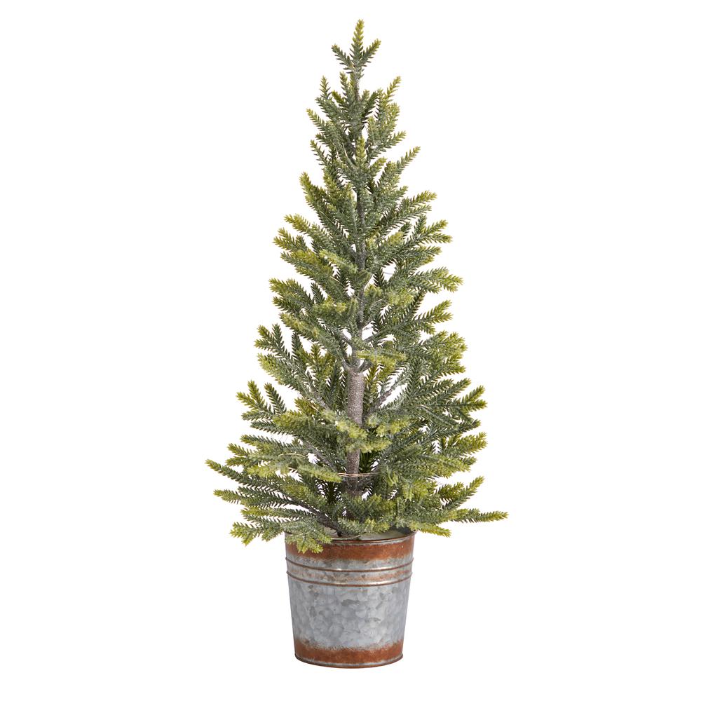 26in. Pine Natural Look Artificial Christmas Tree with 35 Warm White Lights in Rustic Metal Planter. Picture 2