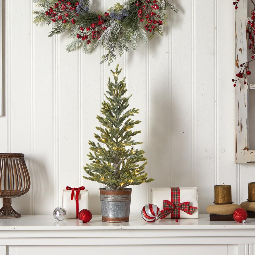 26in. Pine Natural Look Artificial Christmas Tree with 35 Warm White Lights in Rustic Metal Planter. Picture 10