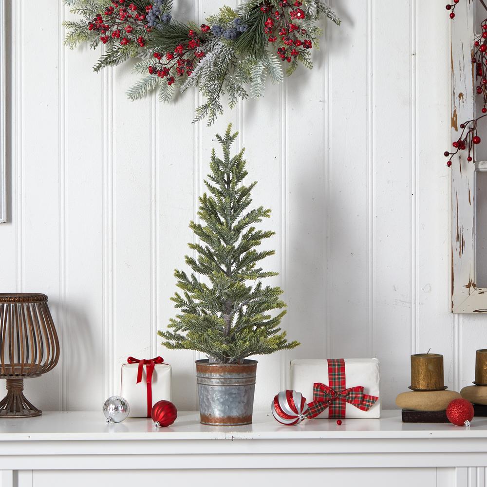 26in. Pine Natural Look Artificial Christmas Tree with 35 Warm White Lights in Rustic Metal Planter. Picture 7