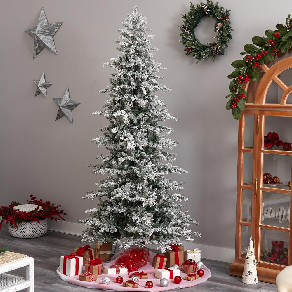 Slim Flocked Nova Scotia Spruce Artificial Christmas Tree. Picture 8