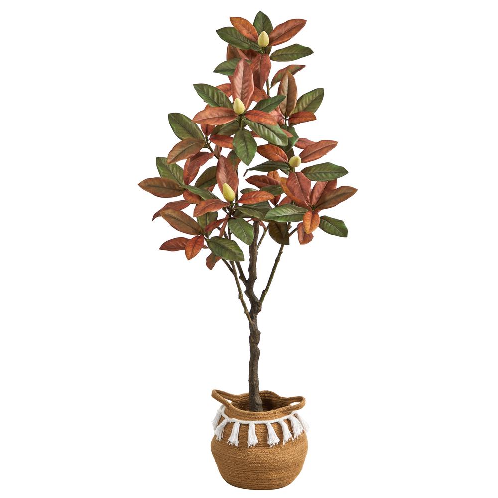 5ft. Artificial Fall Magnolia Tree with Handmade Jute & Cotton Basket. Picture 1