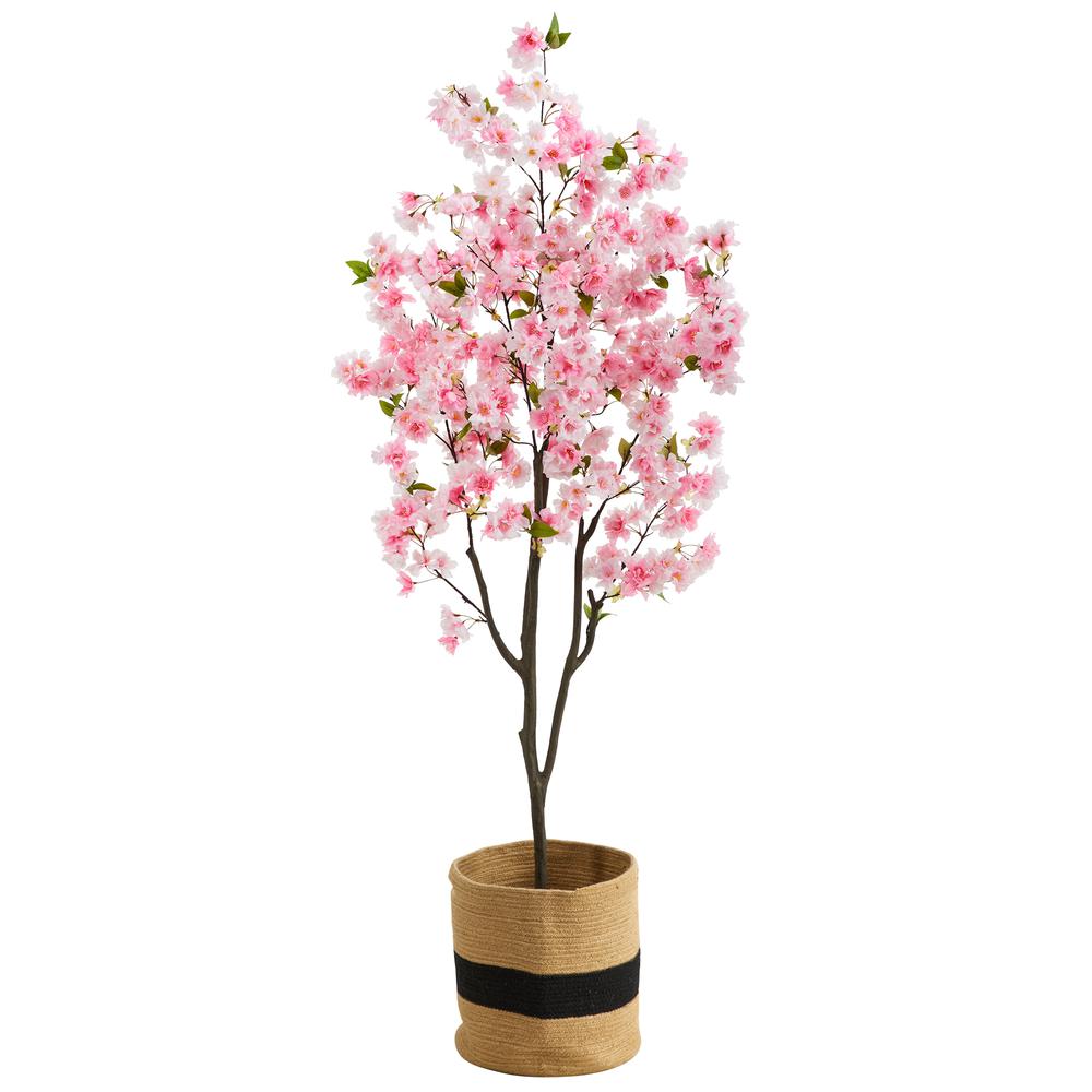 6ft. Artificial Cherry Blossom Tree with Handmade Jute & Cotton Basket. Picture 1