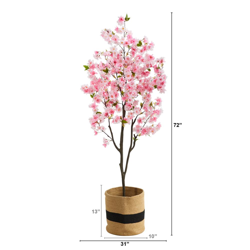 6ft. Artificial Cherry Blossom Tree with Handmade Jute & Cotton Basket. Picture 2