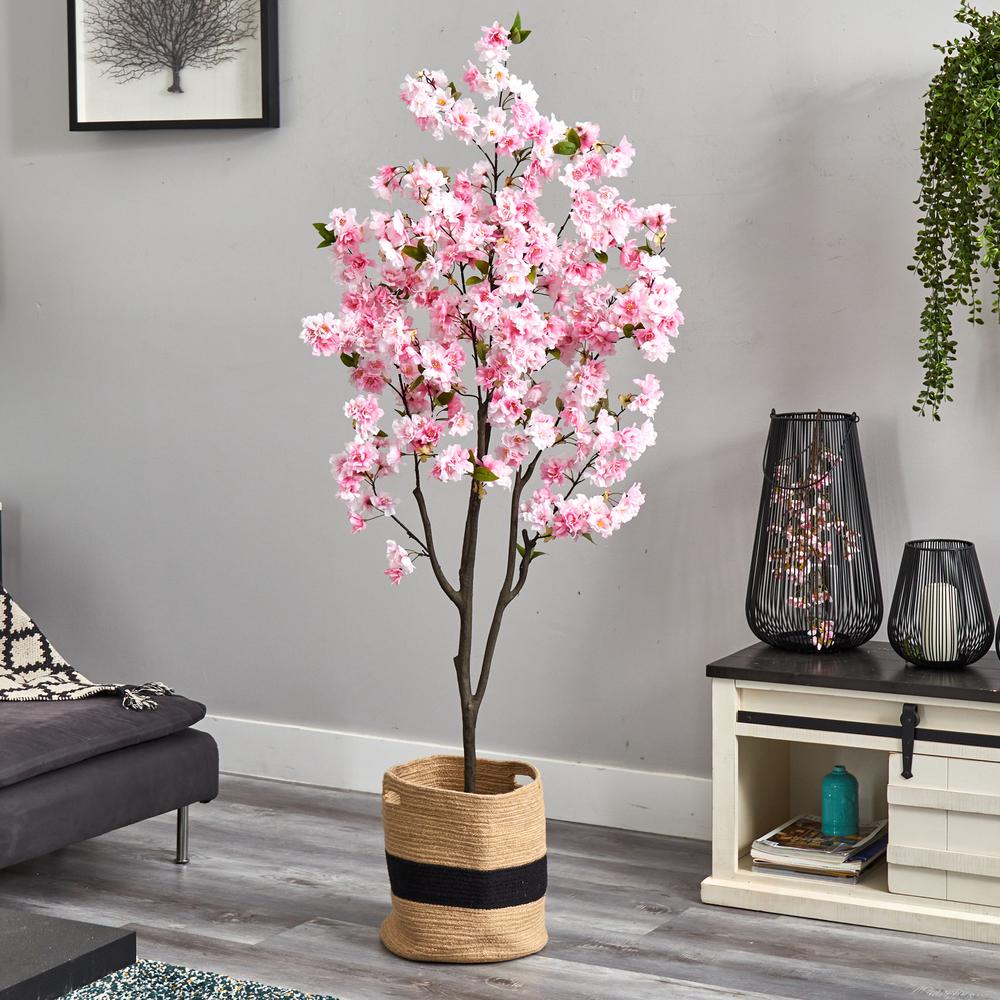 6ft. Artificial Cherry Blossom Tree with Handmade Jute & Cotton Basket. Picture 4