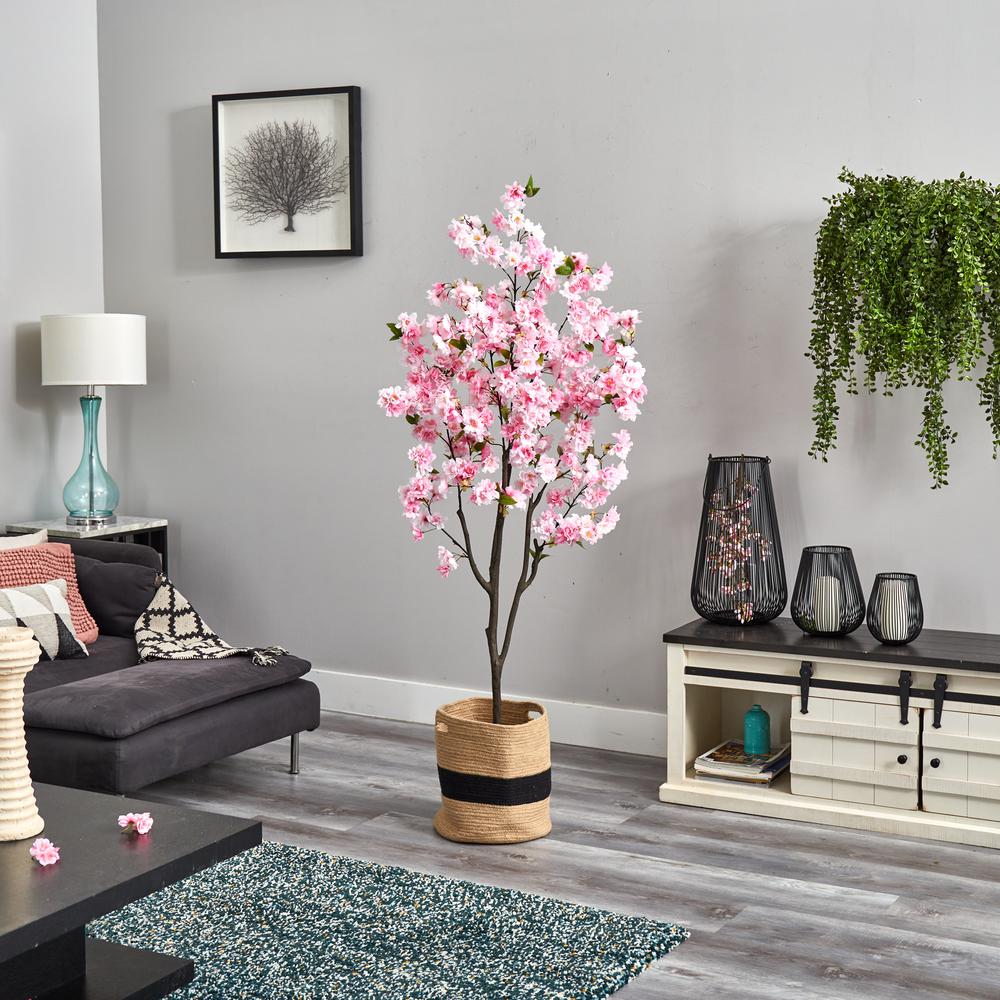 6ft. Artificial Cherry Blossom Tree with Handmade Jute & Cotton Basket. Picture 3