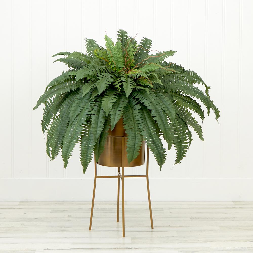 32in. Artificial Boston Fern Plant with Metal Planter with Stand DIY KIT. Picture 3